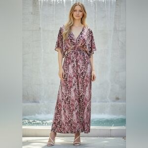 LOVESTITCH, PINK AND PLUM ANI.AL PRINT KIMONO MAXI DRESS S/m